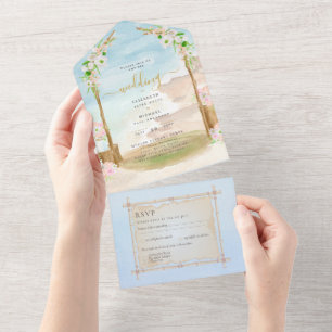 Beach Coastal Rustic Boho Wedding RSVP MENU All In One Invitation