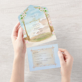 Beach Coastal Rustic Boho Wedding RSVP MENU All In One Invitation