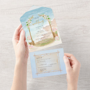 Beach Coastal Rustic Boho Wedding RSVP MENU All In One Invitation
