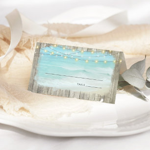 Beach Coastal Rustic Wood String Lights Wedding Place Card