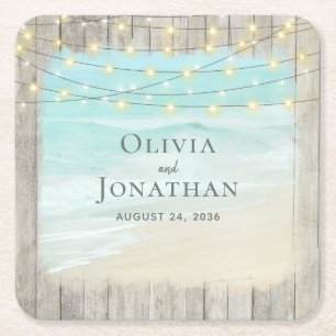 Beach Coastal Rustic Wood String Lights Wedding  Square Paper Coaster