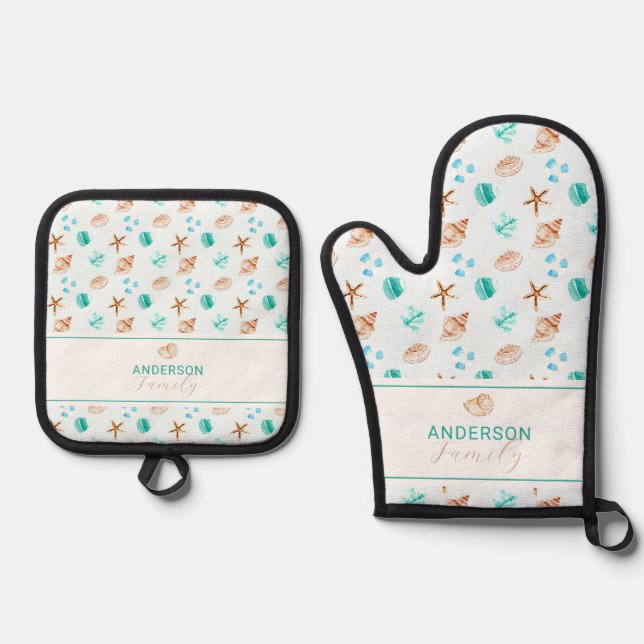 Beach Coastal Seashells Family Name Custom Oven Mitt & Pot Holder Set (Front)