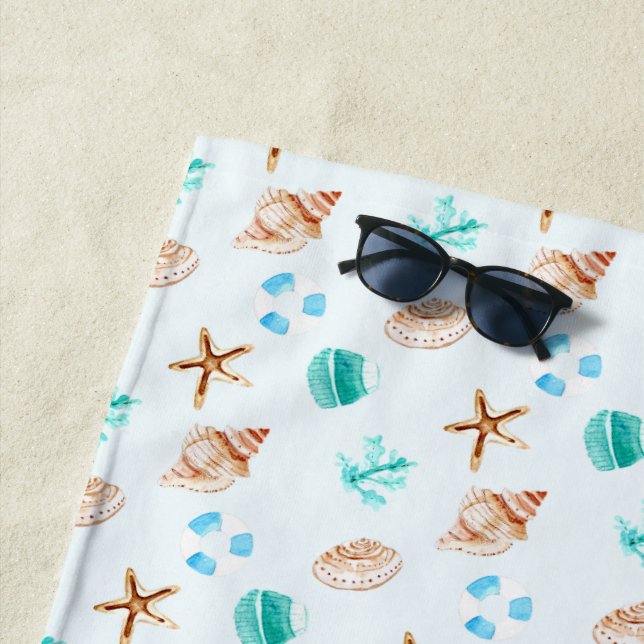 Beach Coastal Seashells Tropical Ocean Beach Towel (In Situ)