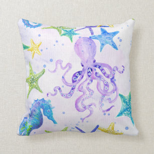 Beach Coastal Seashore Octopus Seahorse Starfish Throw Pillow