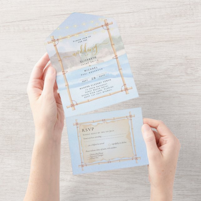 Beach Coastal Strings Lights Wedding RSVP MENU All In One Invitation (Tearaway)