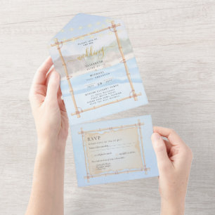 Beach Coastal Strings Lights Wedding RSVP MENU All In One Invitation