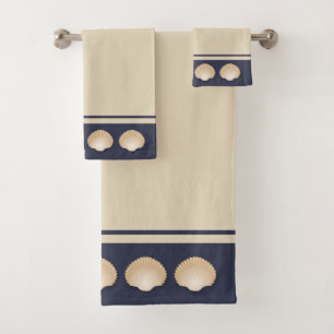 Beach Coastal Tan Seashells & Navy Bath Towel Set