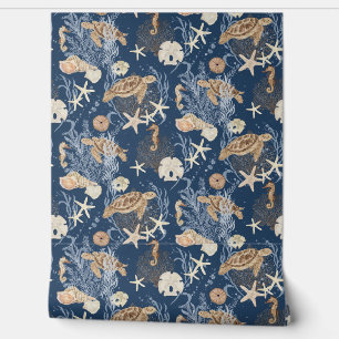 Beach Coastal Underwater Sea Turtle Starfish Navy Wallpaper