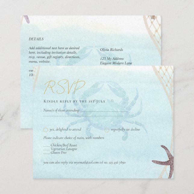 Beach Coastal Wedding RSVP ocean Life Crab (Front/Back)