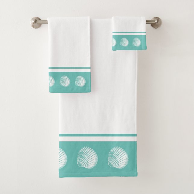 Beach Coastal White Seashells & Sea Glass Green Bath Towel Set (Insitu)