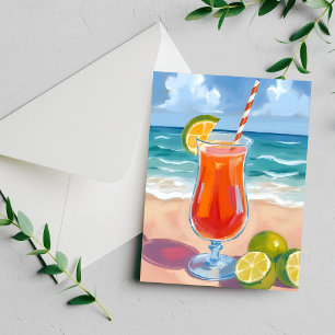 Beach Cocktail Ocean Waves Watercolor Painted Card