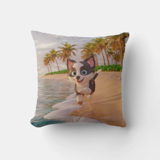beach, coconut trees, dog cartoon throw pillow
