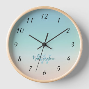Beach Colors Minimal   Coastal Turquoise Monogram Clock