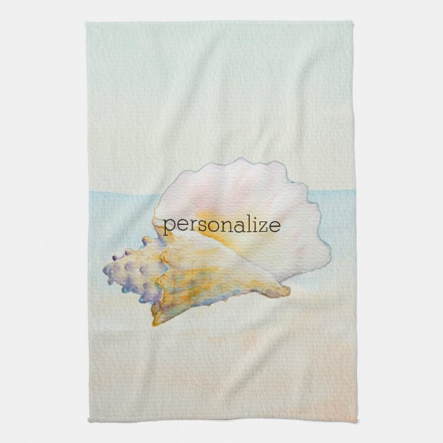 Beach Conch Shell Blue Ocean Watercolor Kitchen Towel (Vertical)