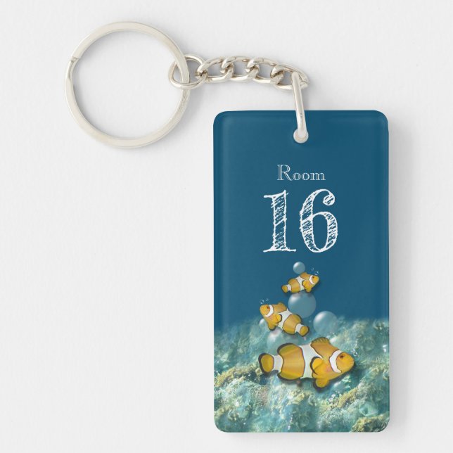 Beach coral reef clown fish DIY room number blue Keychain (Front)