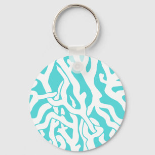 Beach Coral Reef Pattern Nautical White Blue Keychain
