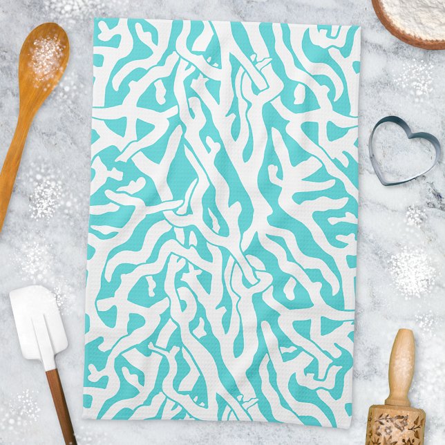 Beach Coral Reef Pattern Nautical White Blue Kitchen Towel (Creator Uploaded)