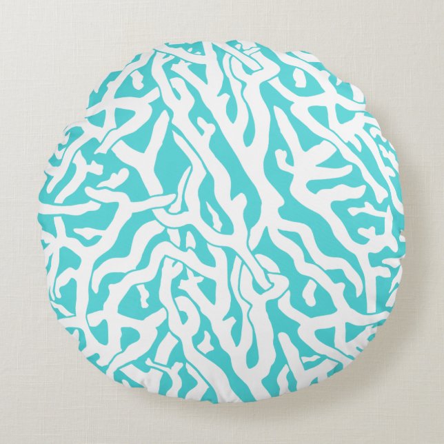 Beach Coral Reef Pattern Nautical White Blue Round Pillow (Front)