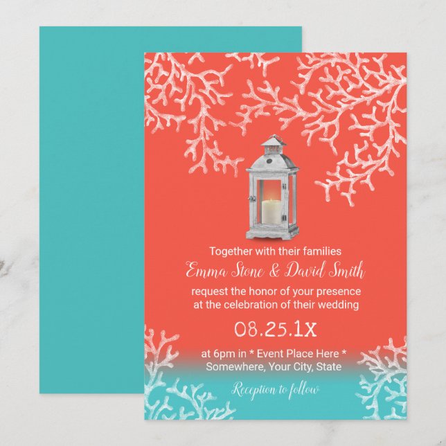 Beach Coral Reef & Rustic Lantern Wedding Invitation (Front/Back)