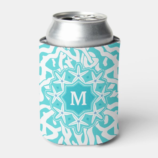 Beach Coral Reef Starfish | Aqua Blue | Monogram Can Cooler (Can Front)