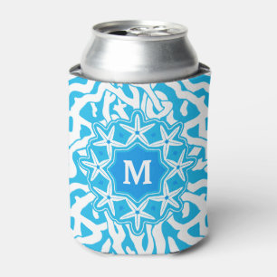 Beach Coral Reef Starfish Monogram   Bright Blue Can Cooler