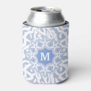 Beach Coral Reef Starfish Monogram Grey Blue Can Cooler
