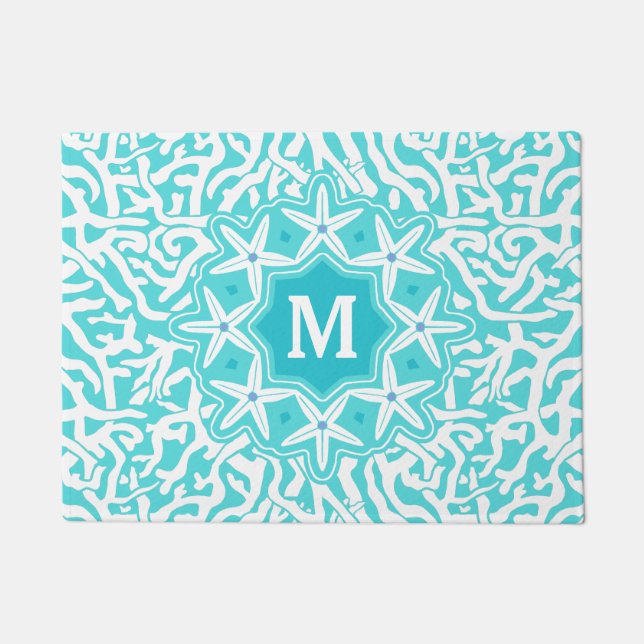 Beach Coral Reef Starfish Monogram in Aqua Blue Doormat (Front)