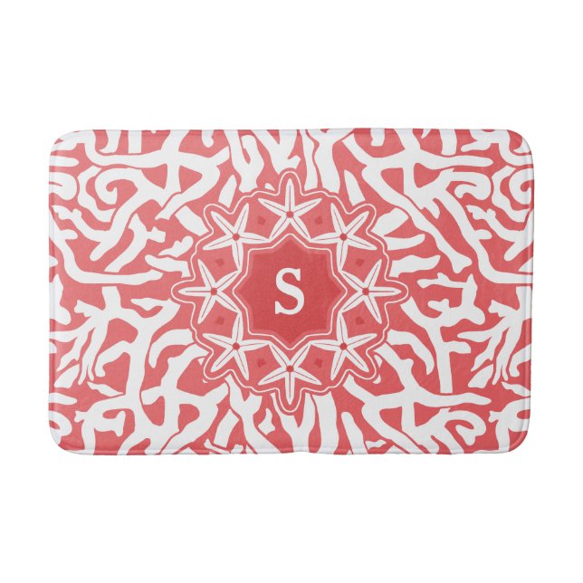 Beach Coral Reef Starfish Monogram in Coral Pink Bath Mat (Front)