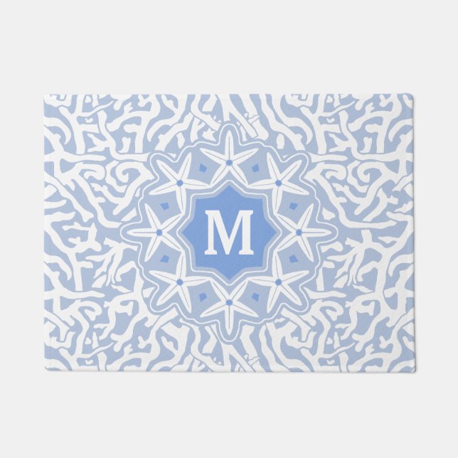 Beach Coral Reef Starfish Monogram in Grey Blue Doormat (Front)