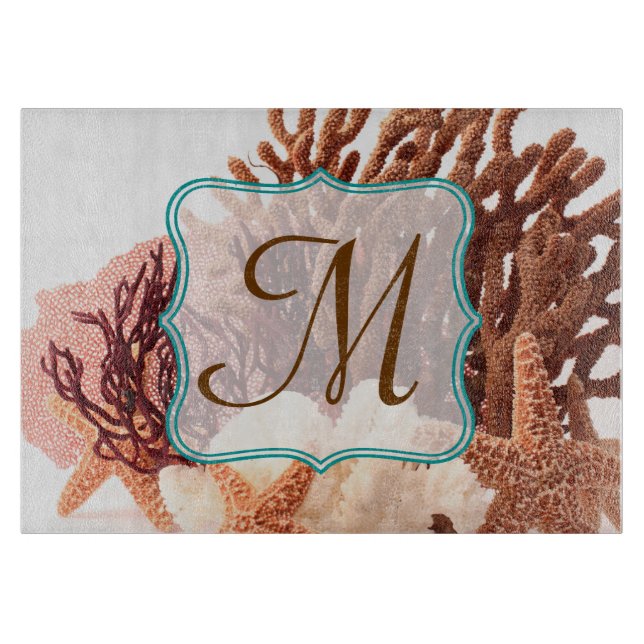 Beach Coral Star Fish Monogram Glass Cutting Board (Front)