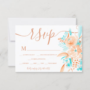 Beach coral teal floral watercolor rsvp wedding card