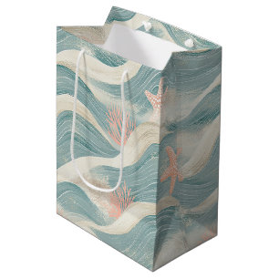 Beach Cottage Blue Waves Sand Starfish Pattern Medium Gift Bag