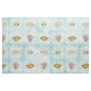Beach Cottage Watercolor Seashell Coral Pattern Fabric