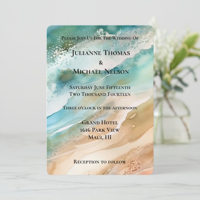 Beach Cream Aqua Ocean Wedding Invitation (Standing Front)