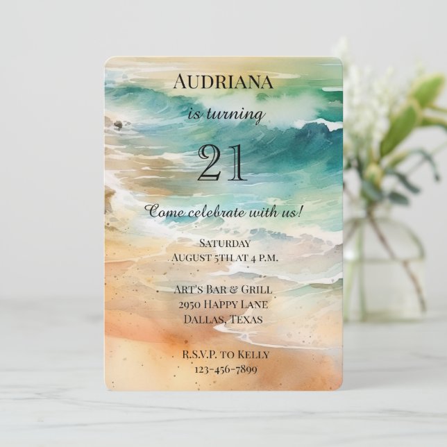 Beach Cream Turquoise Aqua Ocean Birthday Invitation (Standing Front)