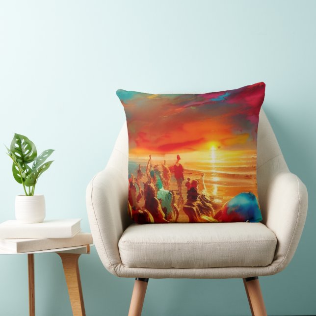 Beach crowd gold red blue teal abstract modern throw pillow (Chair)