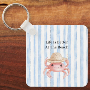 Beach Cute Pink Smiling Crab with Hat Keychain