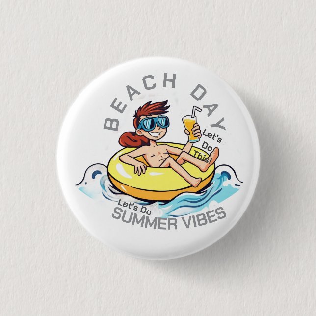 Beach Day Cartoon Character on Inflatable Ring 1 Inch Round Button (Front)