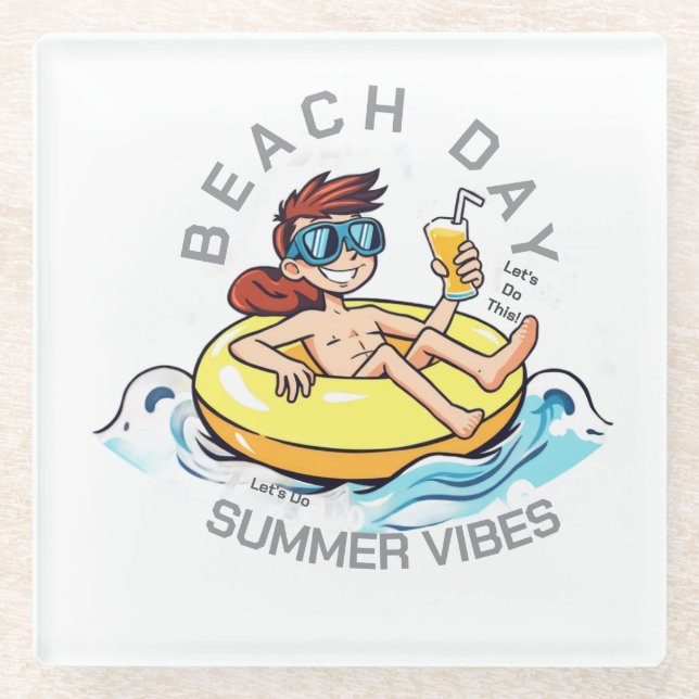 Beach Day Cartoon Character on Inflatable Ring Glass Coaster (Front)