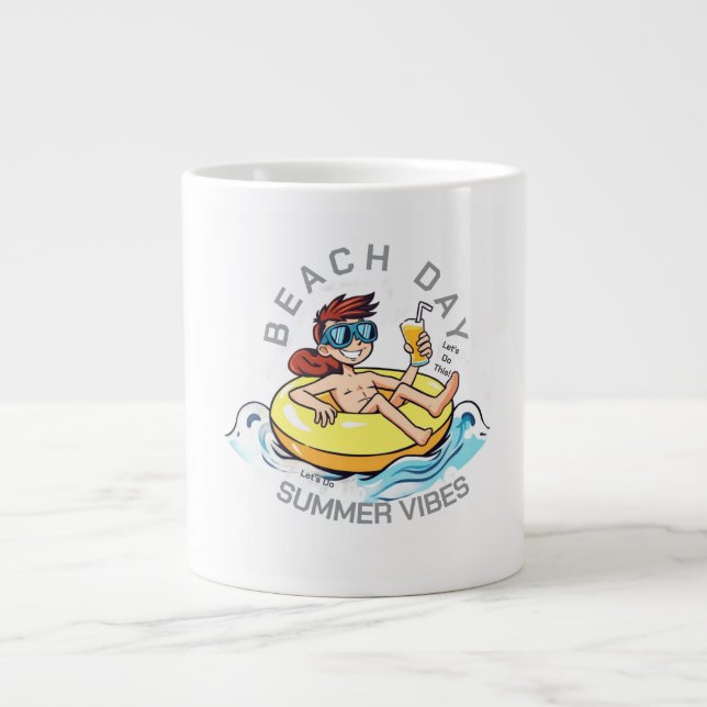 Beach Day Cartoon Character on Inflatable Ring Large Coffee Mug (Front)