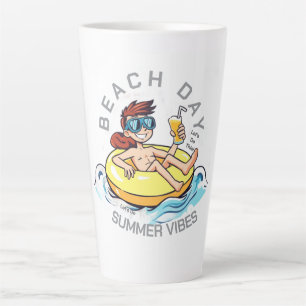 Beach Day Cartoon Character on Inflatable Ring Latte Mug
