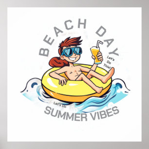 Beach Day Cartoon Character on Inflatable Ring Poster