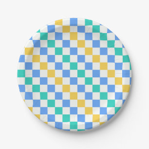 Beach day diagonal checkerboard pattern paper plate