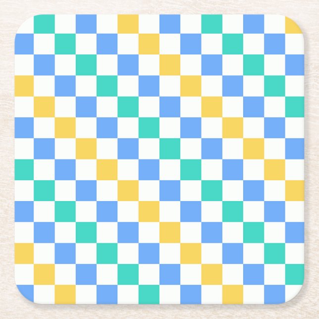 Beach day diagonal checkerboard pattern square paper coaster (Front)