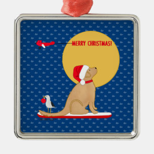 Beach Day Surfing Golden Santa Dog Ornament