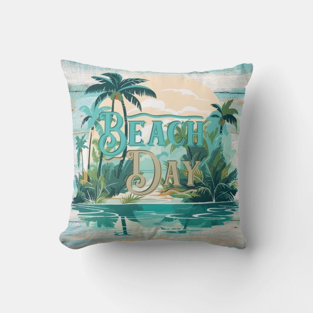 Beach Day Teal Beige Palm Trees Beach Coastal Throw Pillow (Front)