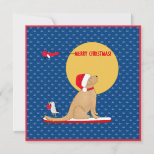 Beach Day Whales Surfing Golden Santa Dog Holiday Card