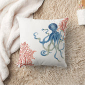 Beach Decor Red Fan Coral Blue Octopus Watercolor Throw Pillow (Blanket)