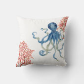 Beach Decor Red Fan Coral Blue Octopus Watercolor Throw Pillow (Back)