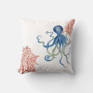 Beach Decor Red Fan Coral Blue Octopus Watercolor Throw Pillow